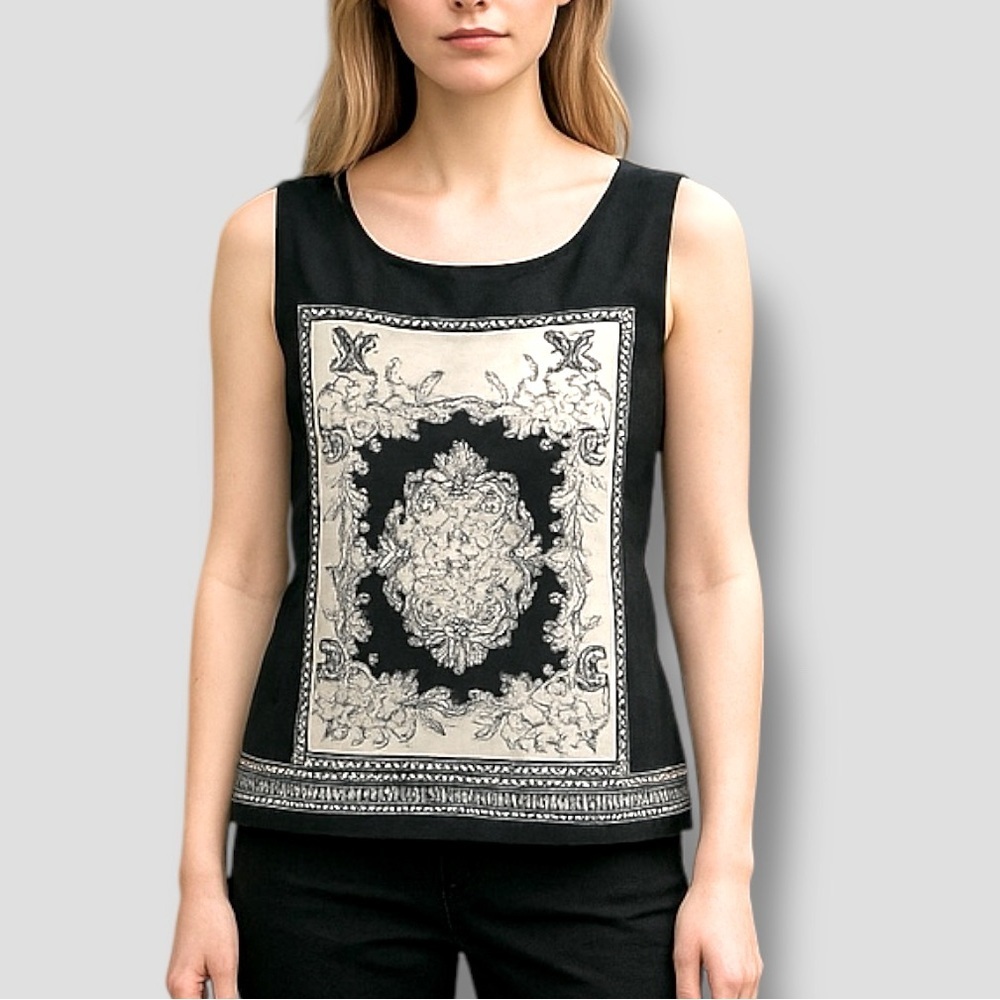 212 Collection Silky Womens Top Sleeveless Round Neck Floral Black White Small
